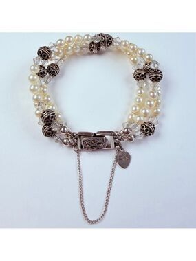 Deb Guyot Natural Pearl Crystal & Sterling Silver 925 Three Strand VTG Bracelet